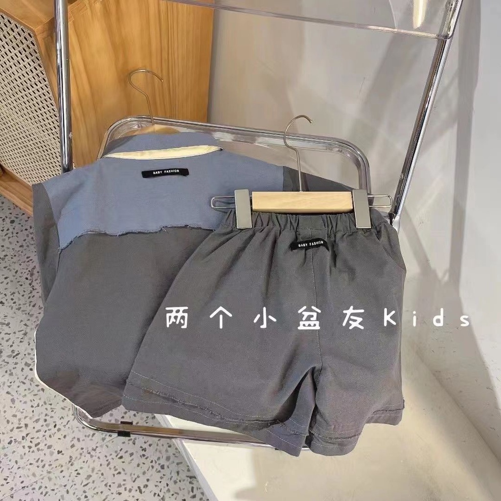 Bộ Áo Thun Tay Ngắn Phối Màu + Quần Short Dáng Rộng Thời Trang Mùa Hè Cho Bé Trai