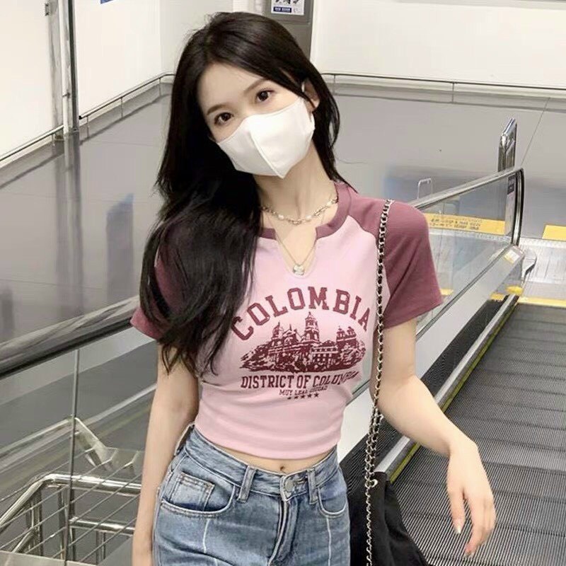 ÁO CROPTOP KIỂU LỬNG NỨ NGẮN TAY CỔ TRÒN KHOÉT IN CHỮ COLOMBIA  MÀU HỒNG TRẮNG KEM TÔN DÁNG ĐỈNH CAO HOT HIT NITIQC