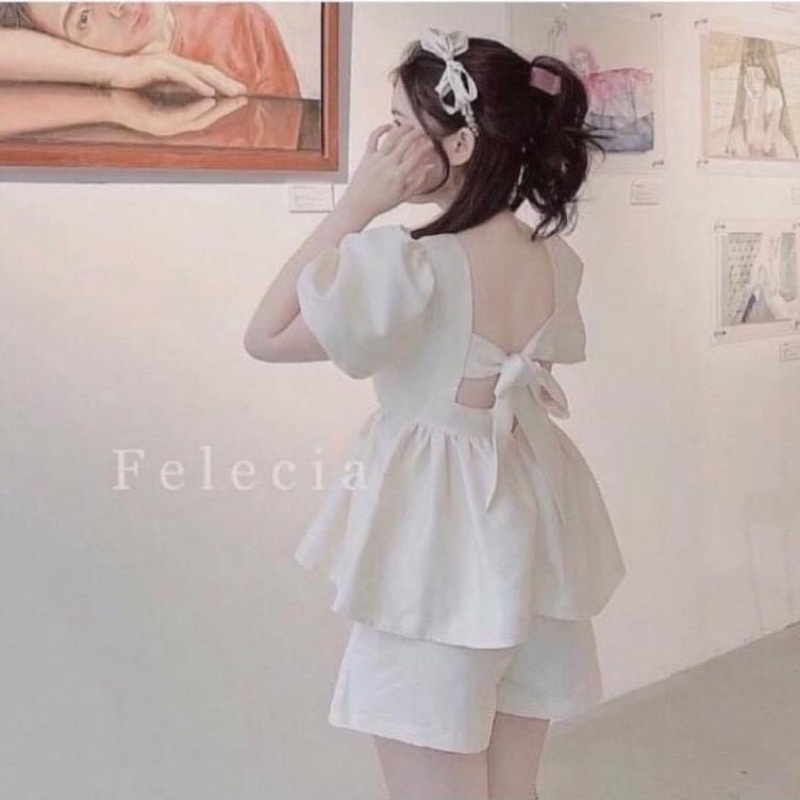 Bộ Áo Babydoll Thắt Nơ Sau Bản To Kèm Quần Short Trắng/Đen/Nâu