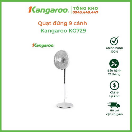 Quạt đứng Kangaroo KG729 kiểu dáng Hàn Quốc, hẹn giờ đến 12h, 3 chế độ gió, bảng điều khiển cảm ứng, điều khiển từ xa