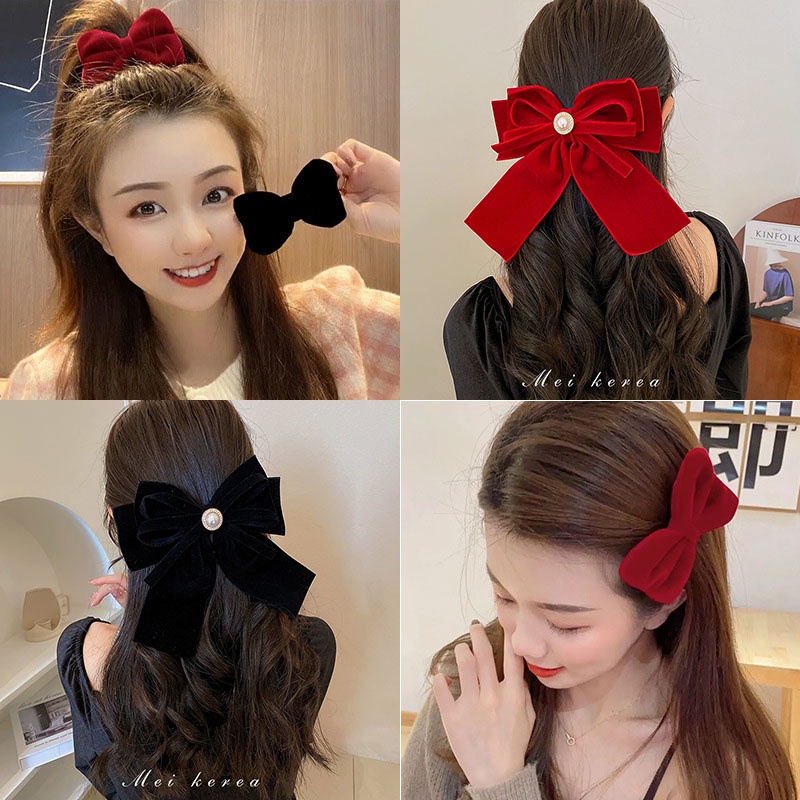 Kẹp Tóc Nơ Bằng Nhung Màu Đỏ Phong Cách Hàn Quốc Đơn Giản Dành Cho Nữ