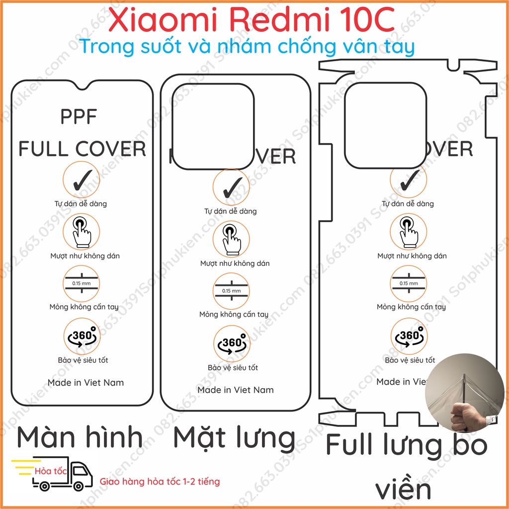 Dán dẻo PPF Xiaomi Redmi 10C / Redmi 10A loại trong, nhám , da cá sấu dành cho màn hình, mặt lưng, full lưng bo viền