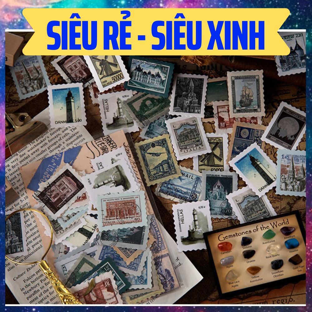 Bộ 46 sticker vintage - sticker tem thư phong cách vintage