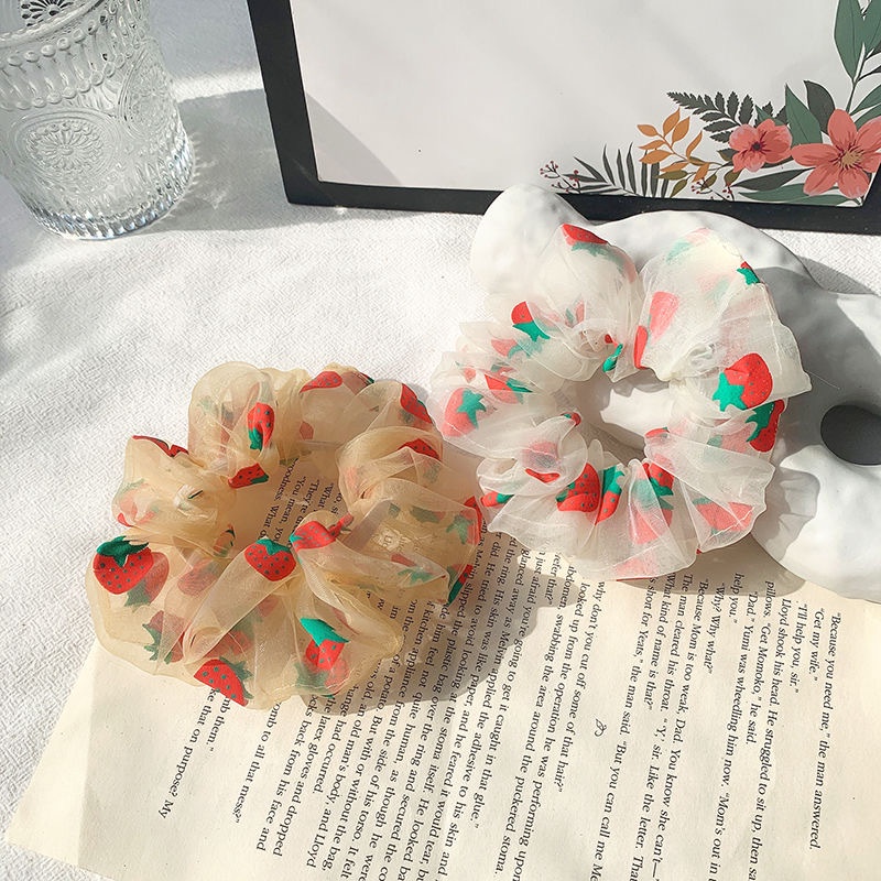 Dây buộc tóc Scrunchies voan dâu tây dễ thương HD75