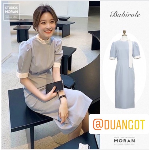 (ORDER-Sẵn S) Váy MORAN tay phồng màu xanh phối viền trắng cổ thắt nơ phía sau suông dài sang trọng Hàn Quốc