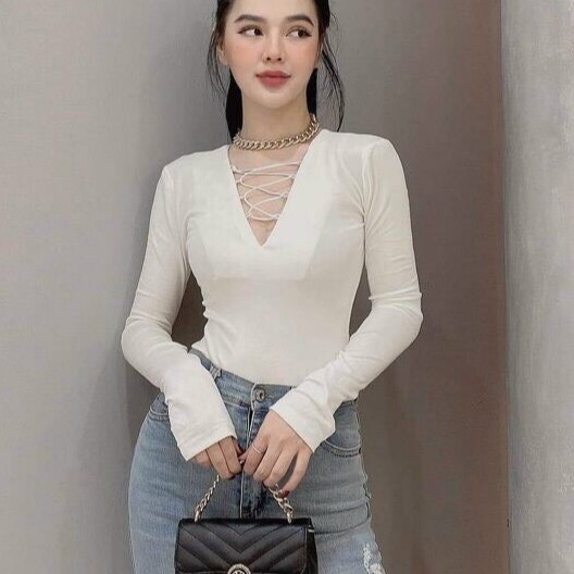 Áo kiểu tay dài ôm body đan dây cổ v xinh đủ màu chất đẹp hot hit thu đông