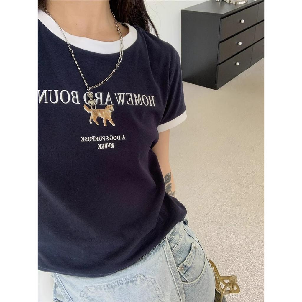 Xiaozhainv Áo Croptop Cổ Tròn Tay Ngắn In Hình Chú Chó Dễ Thương Thời Trang Mùa Hè Cho Nữ