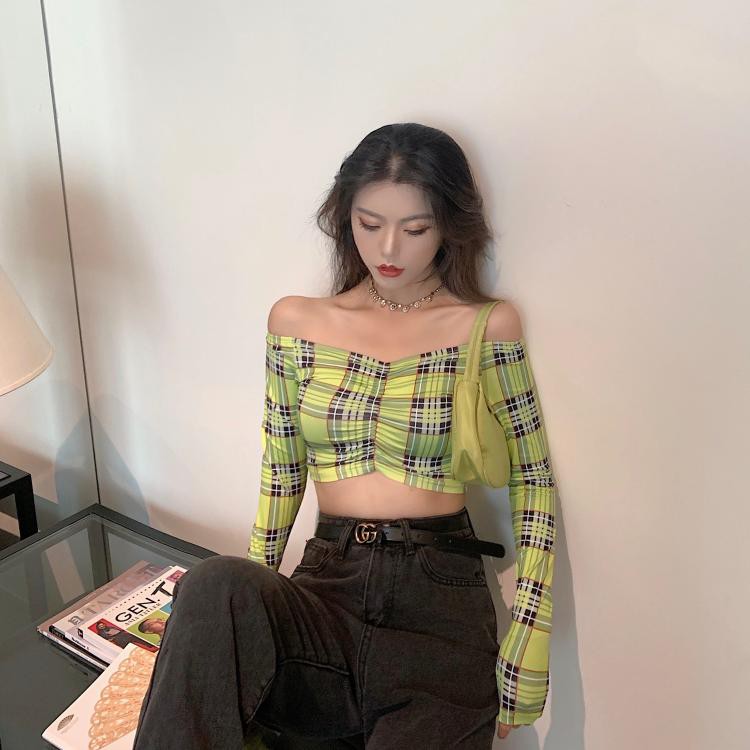 Áo croptop hở bụng nữ tay dài hạ vai gợi cảm sọc xanh lá ulzzang