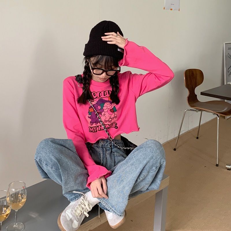 Áo Thun Cotton Tay Dài Hở Rốn In Họa Tiết Hoạt Hình Màu Đỏ Hồng Thời Trang Cho Nữ