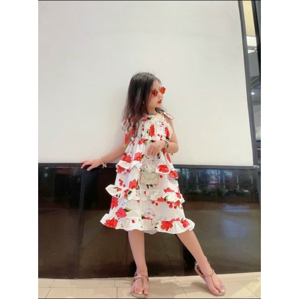 Đầm maxi hoa 2 dây mùa hè cho bé gái size 15-35kg chất lụa mềm mát
