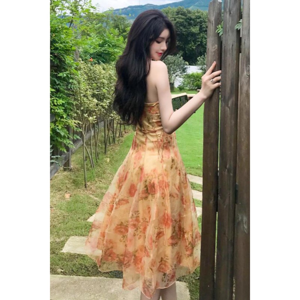 Váy yếm màu cam họa tiết hoa dáng xòe tiểu thư quyến rũ hàng Quảng châu loại 1