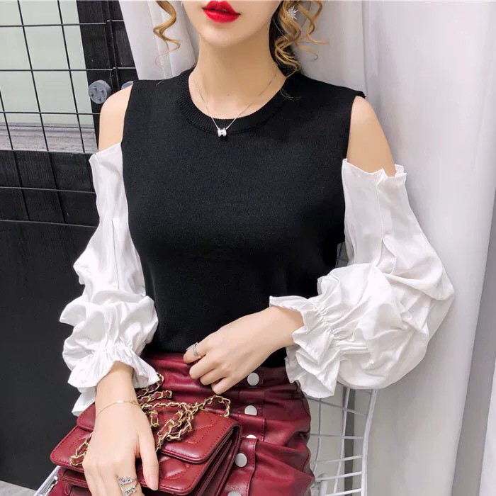 Áo thun kiểu khoét vai phối tay phồng, phong cách mới trẻ trung tươi tắn hàng đẹp mà giá rẻ tại Thời Trang VADA - AT0079 | BigBuy360 - bigbuy360.vn