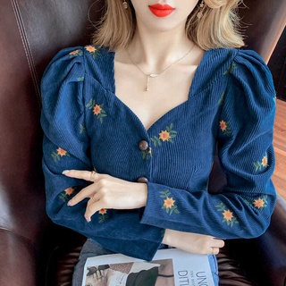 Áo sơ mi vải nhung tay dài phồng cổ chữ V in họa tiết hoa phong cách cổ điển thời trang mùa thu 2021