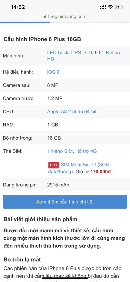 Điện Thoại Apple Iphone 6plus ( 1GB/16GB ). Hàng cũ đẹp 90-95% .