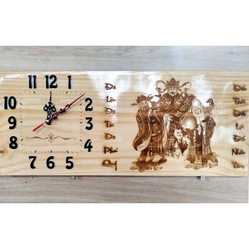 Đồng hồ treo tường gỗ mỹ nghệ Phúc Lộc Thọ mẫu 2