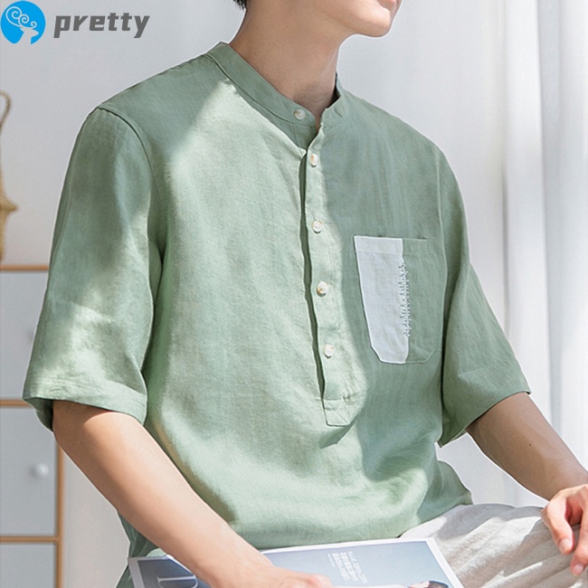 Jazeel Men  T-shirt Summer Cotton Linen Stand-up Collar Short-sleeved Casual Shirt