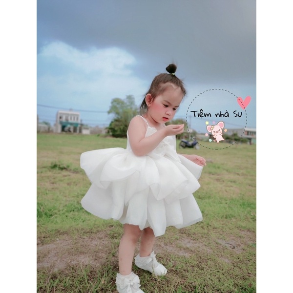 Váy Đầm công chúa 2 dây nơ ngực kèm cài tóc bé gái diện thôi nôi, sinh nhật (07-22kg) - TIỆM NHÀ SU