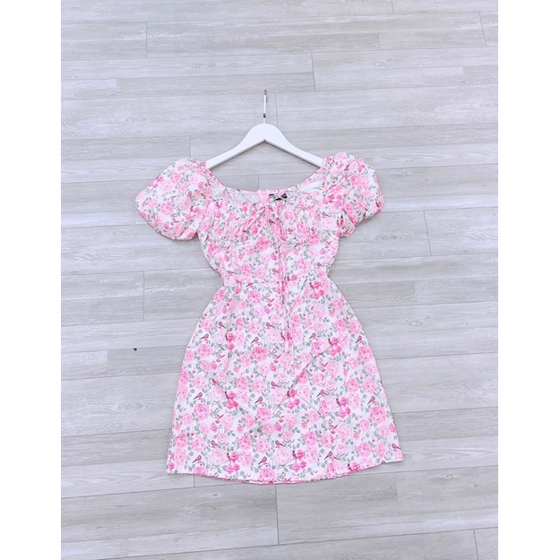 Váy hoa hồng cup ngực li rúm tay phồng