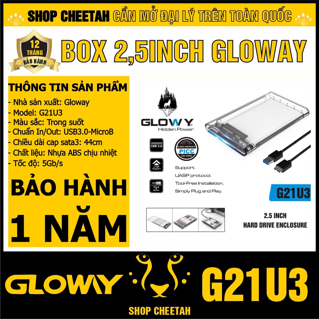 Box ổ cứng Gloway G21U3 dùng cho SSD/HDD 2,5&quot; - Nhựa ABS trong suốt – CHÍNH HÃNG – Bảo hành 12 tháng