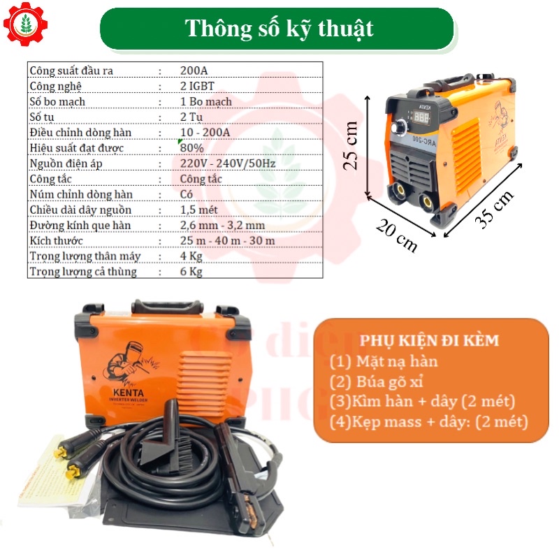 Máy hàn điện tử KENTA ARC 200A | Công suất 200A | Sử dụng que hàn 2,6 - 3,2 ly | Công nghệ Nhật Bản | Máy hàn que