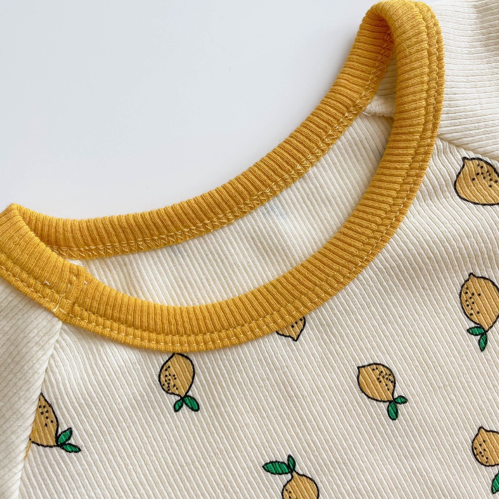 Set áo liền quần tay dài họa tiết quả chanh + Mũ len thời trang xuân thu cho trẻ sơ sinh