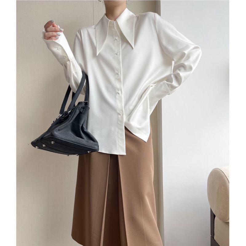 Áo sơ mi voan cổ lật thời trang mùa thu đơn giản thanh lịch cho nữ