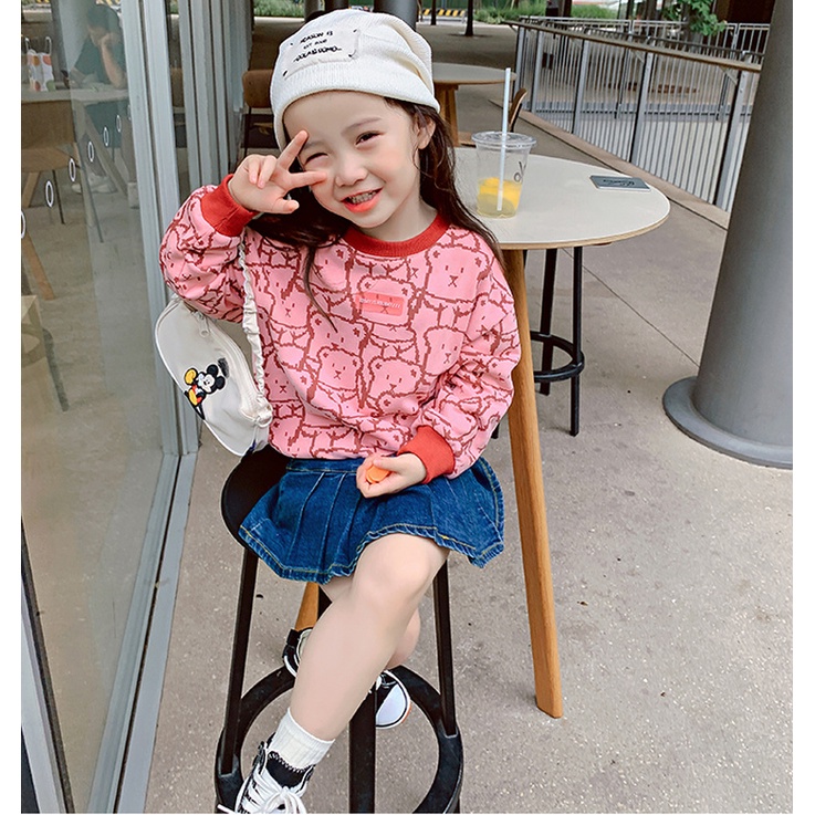 Áo thun  tay dài cổ tròn in họa tiết gấu thời trang xuân thu cho bé gái 1-8 tuổi
