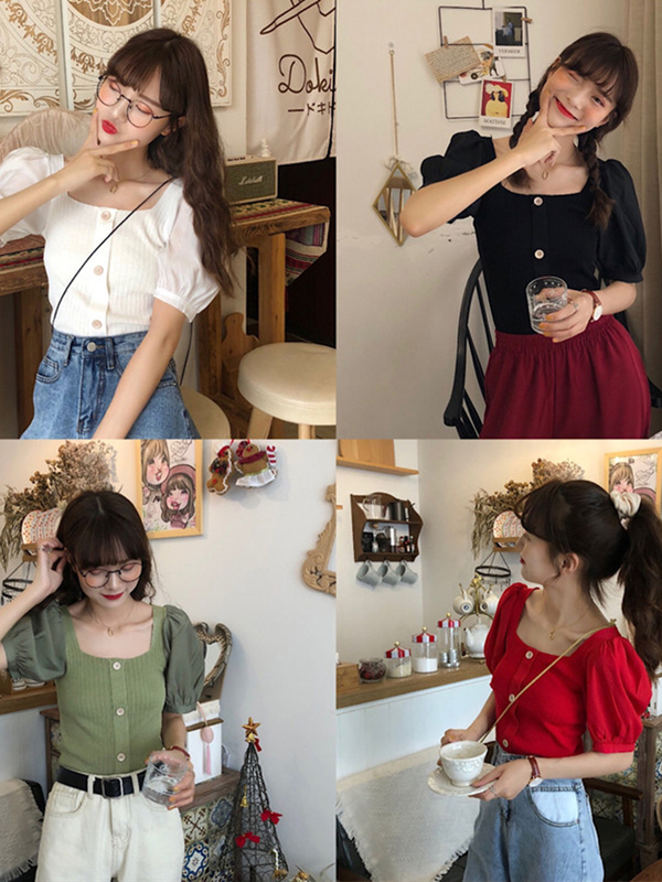 Áo croptop nữ tay ngắn bồng 2021, Áo kiểu nữ đẹp màu Đen Trắng Cổ Vuông Len Tăm Phối Cúc Sang Chảnh Thời Trang Hàn Quốc | BigBuy360 - bigbuy360.vn