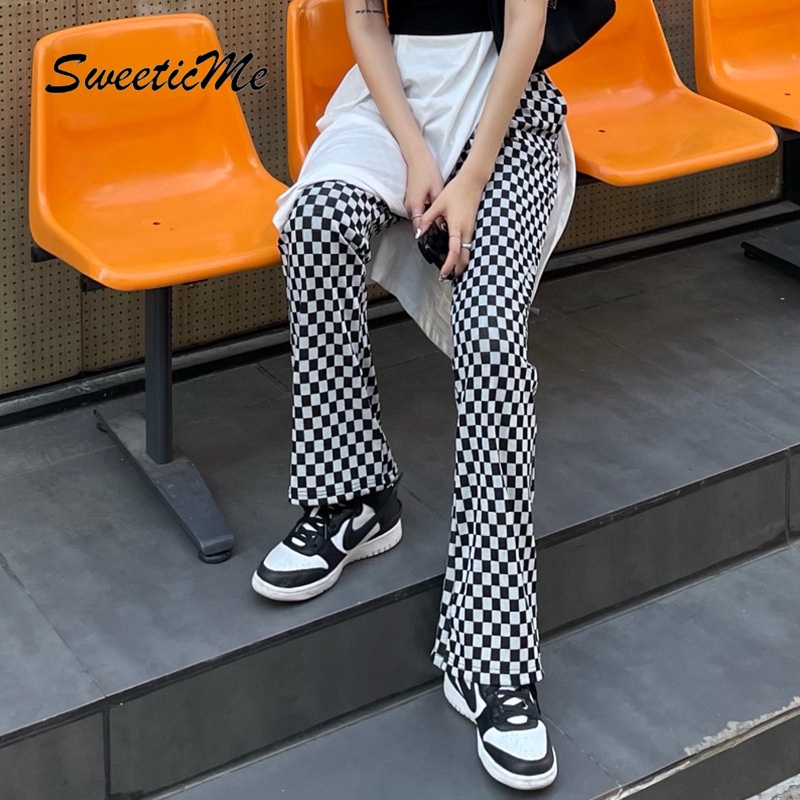 Sweeticme Quần Dệt Kim Ống Suông Họa Tiết Kẻ Sọc Tương Phản Cho Nữ
