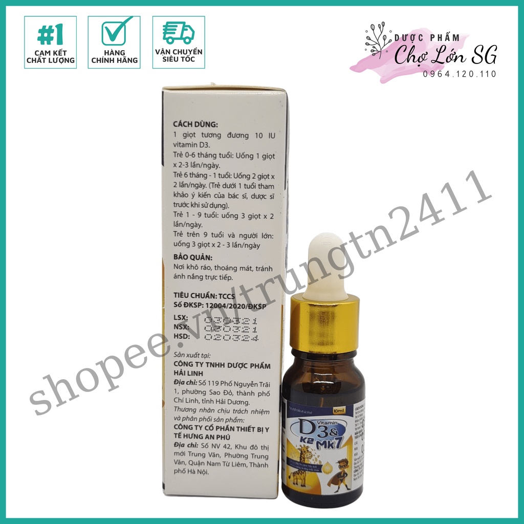 Thực phẩm bổ sung Vitamin D3 & K2 MK7 XANH SIÊU NHÂN - chai 10ml