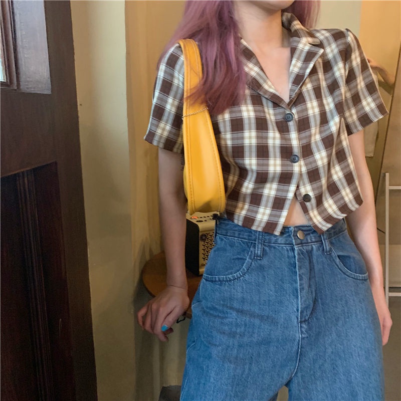 Áo Sơ Mi Croptop Tay Ngắn Phong Cách retro Mới