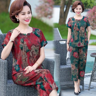 Bộ áo quần tay ngắn in họa tiết thời trang hè 2020 cho phụ nữ trung niên (có bán lẻ)