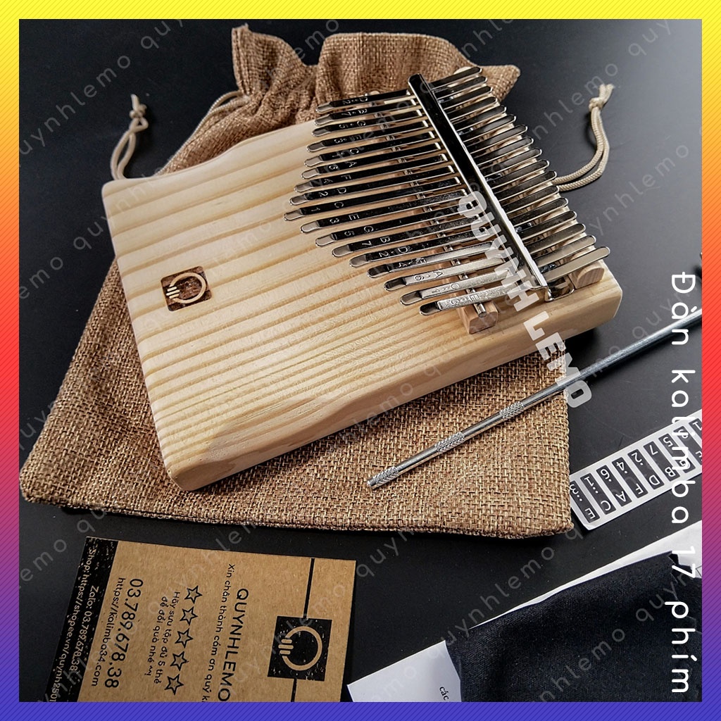 Đàn kalimba 17 phím nguyên khối QUYNHLEMO, Kalimba 17 phím gỗ thông tấm cao cấp có khắc logo đầy đủ phụ kiện