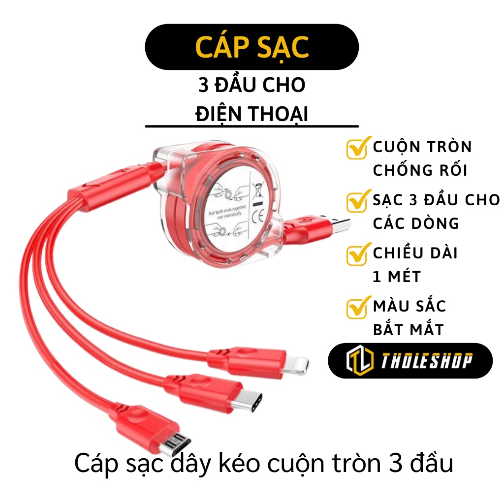 Cuộn Cáp Sạc - Cáp Sạc Dây Kéo Cuộn Tròn 3 Đầu Có Dây Rút Chống Rối 6315