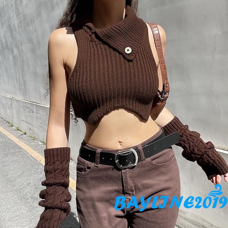 Áo Croptop Dệt Kim Hai Dây Cổ Cao Màu Nâu Thời Trang Mùa Hè Cho Nữ