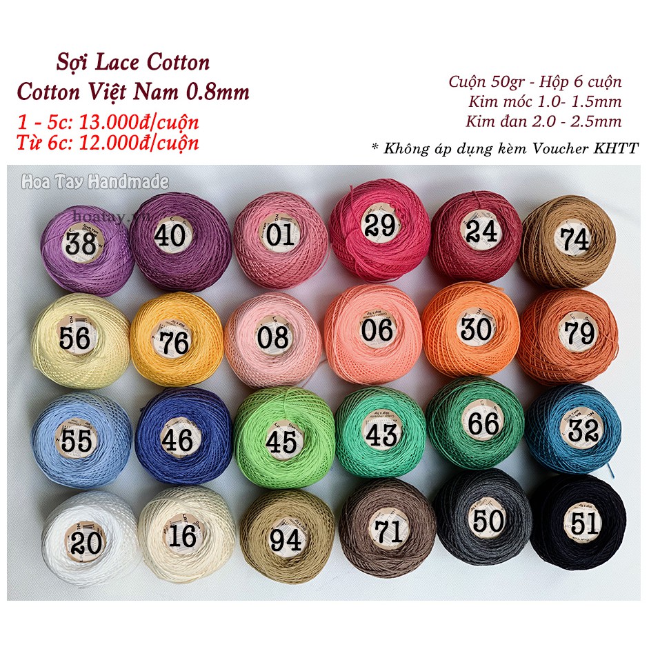 Sợi Lace Cotton - Cotton Việt Nam 0.8mm - Sợi Cotton đan móc áo, đầm- Bảng màu 01