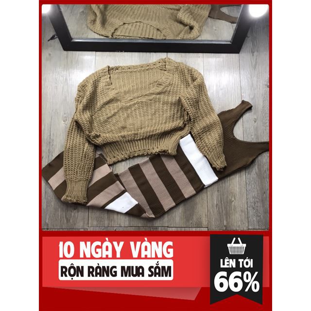 Sét váy body kẻ + áo len lệch vai (kèm video+ảnh thật) thời trang công sở nữ