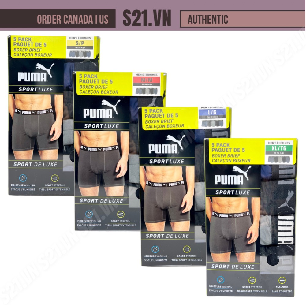 Set 5 Chiếc Quần Lót Đùi Boxer Puma Sport Luxe Boxer Brief 5 Pack Size S