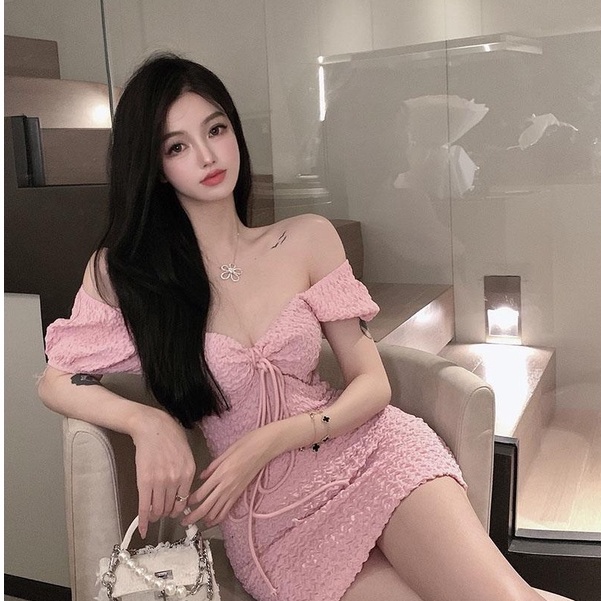 [MURIOKI] Đầm Tay Ngắn Phồng Cổ Chữ V Hở Lưng Ôm Dáng Thời Trang Hàn Quốc Cho Nữ