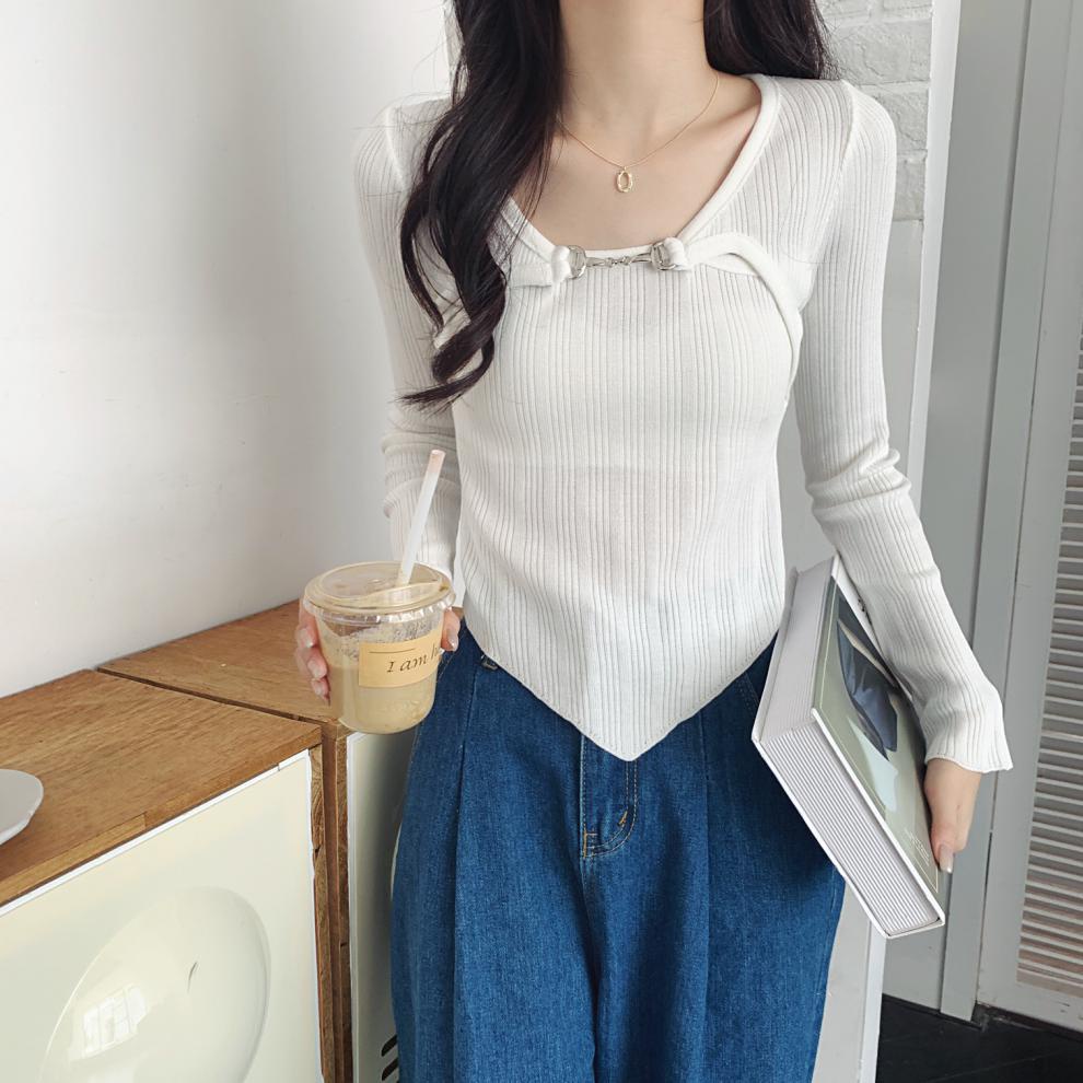 Áo len nữ croptop tay dài thiết kế kiểu lệch tà khoen khuy ngực cá tính retro quyến rũ phong cách cá tính G-21.1