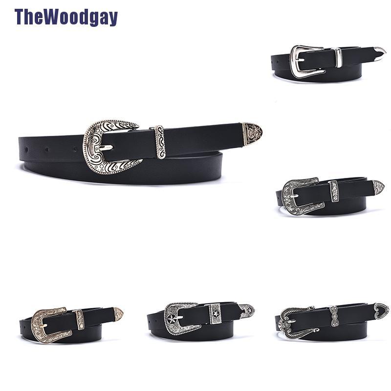 Thắt Lưng Da Màu Đen Khóa Kim Loại Trái Tim Phong Cách Vintage Cho Nữ