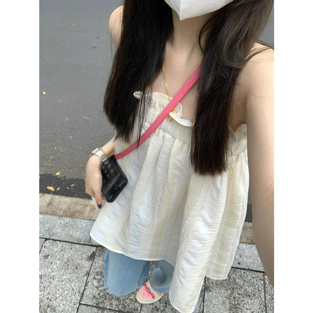 Áo babydoll 2 dây màu trắng nhún ngực dễ thương, Áo hai dây quảng châu kiểu dáng basic điệu đà
