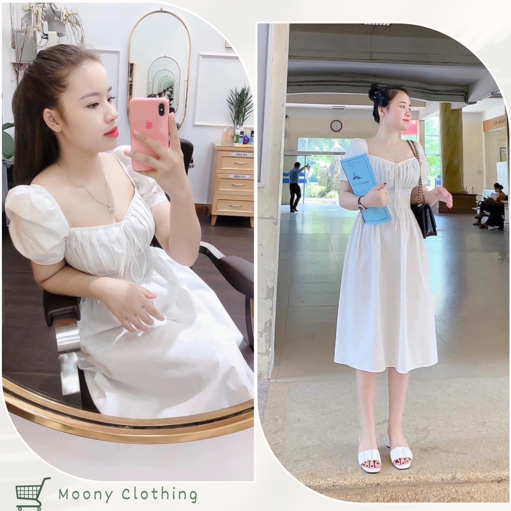 Đầm xếp ly ngực cổ vuông tay bồng dáng xòe, phong cách nữ tính, tiểu thư Size từ 40-65kg Kèm ảnh chụp thật chất vải