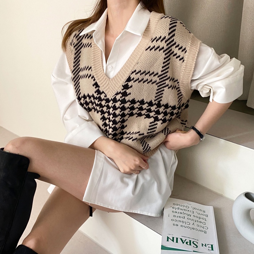 Áo len không tay cổ chữ V họa tiết ca rô thời trang nữ