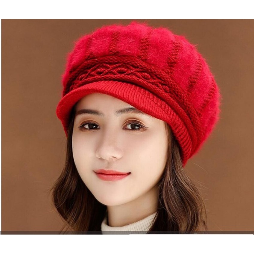 Mũ len lông xù gân dọc A072 mềm mại, 2 lớp, lót lông, ấm ấp, dùng quanh năm