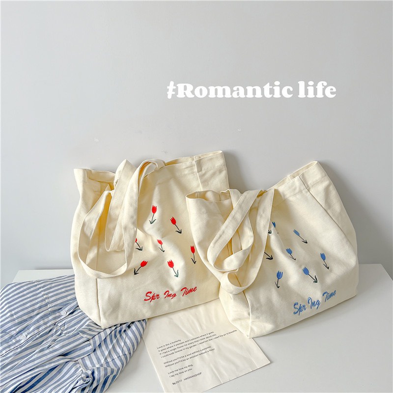 Túi tote vải canvas thêu hoa xanh dễ thương cao cấp phong cách hàn quốc MISATO TO1