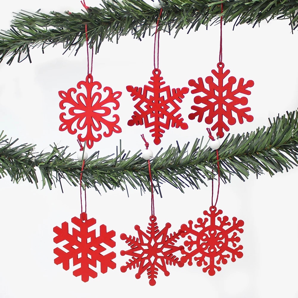 Bộ 6 phụ kiện treo trang trí cây thông Noel hình bông tuyết bằng gỗ thiết kế độc đáo
