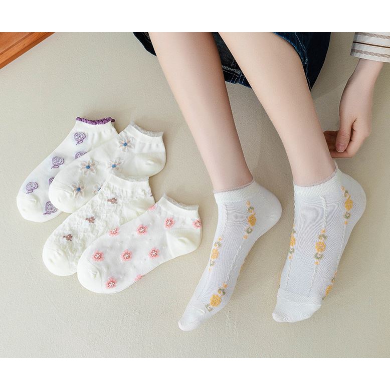 Set 5 Đôi Tất Vớ Nữ Ngắn Cổ Mix Hoa S1 Như Ảnh