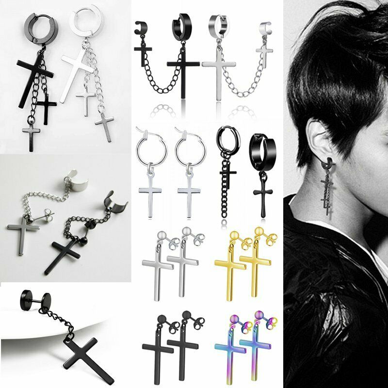 Bông Tai Dạng Xỏ Bằng Thép Không Gỉ Hình Thánh Giá Phong Cách Punk Hàn Quốc Dành Cho Nữ