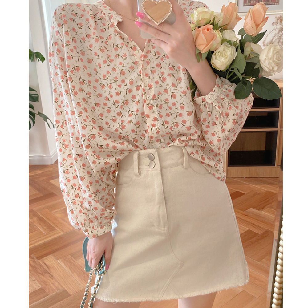 Áo Sơ Mi Dài Tay In Hoa Xinh Xắn Theo Phong Cách Hàn Quốc